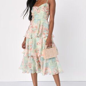 Lulus Darling Aesthetic Green Floral Print Tiered Midi Dress - Size M